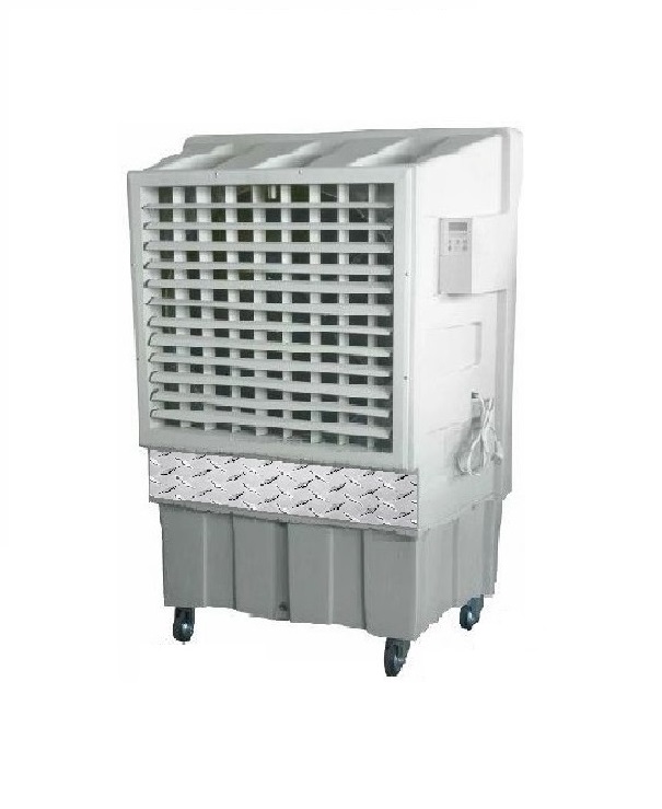 Portable industrial air cooler with water tank and adjustable vents.