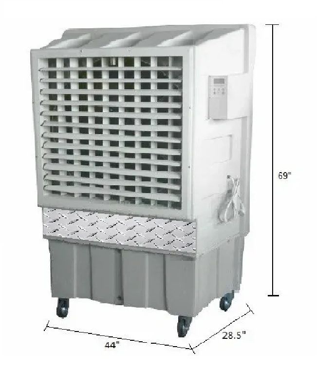 Portable industrial air cooler with wheels and adjustable vents.