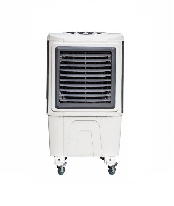 Portable evaporative air cooler on wheels with adjustable vents.