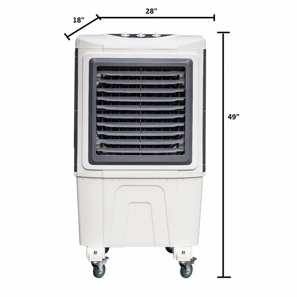 Portable evaporative air cooler with adjustable louvers and caster wheels.