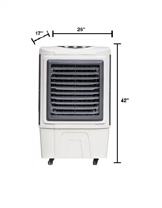 Portable air cooler with adjustable louvers and caster wheels.