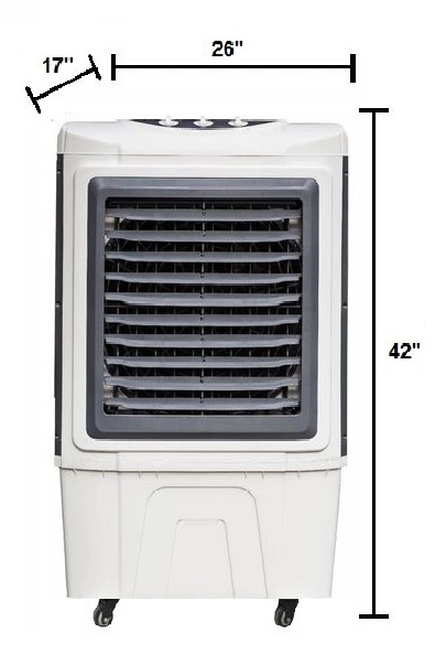 White portable air cooler with adjustable vents and caster wheels.
