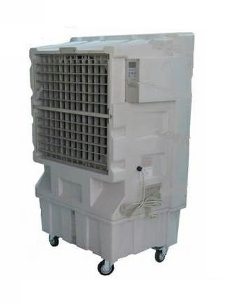 Large portable evaporative cooler on wheels with dimensions 37x24x56 inches.