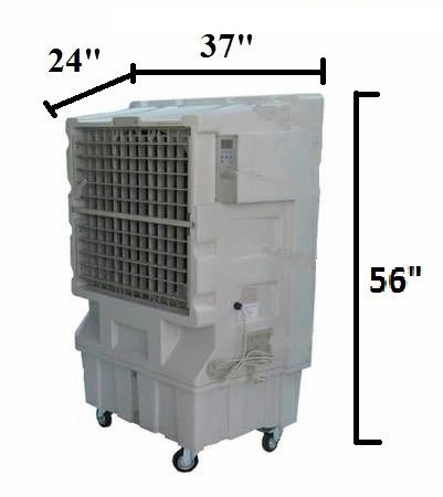 Large portable evaporative cooler on wheels with dimensions 37x24x56 inches.