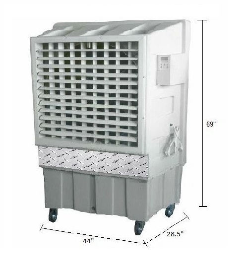 Industrial air cooler with wheels and adjustable louvers.