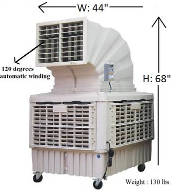 Industrial portable evaporative air cooler on wheels.