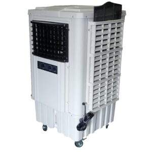 Portable white evaporative air cooler with vents and control panel.
