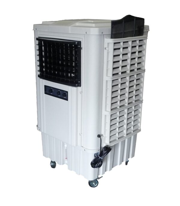 Portable white evaporative air cooler with vents and control panel.