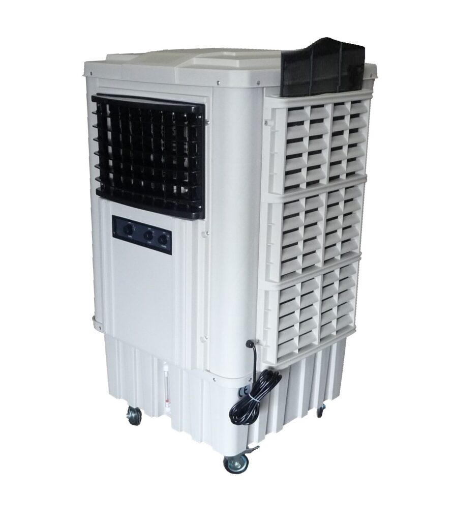 Portable white evaporative air cooler with vents and control panel.