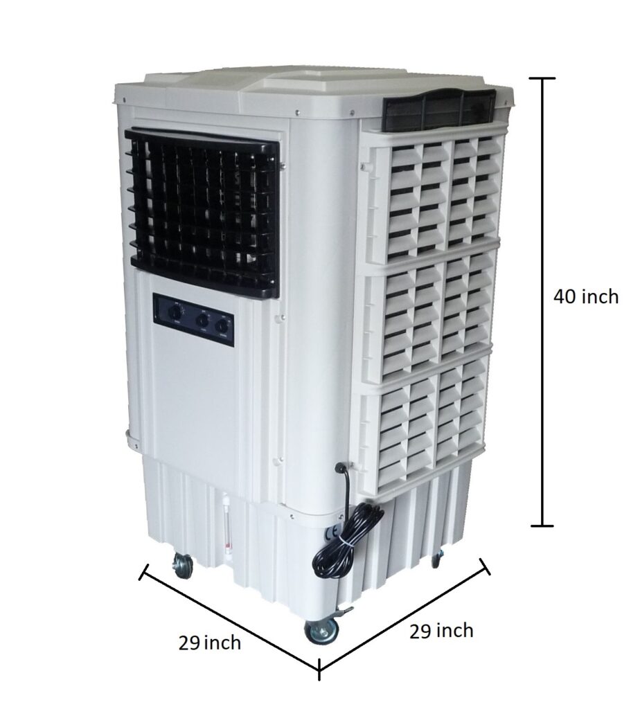 Portable white evaporative air cooler with vents and control panel.